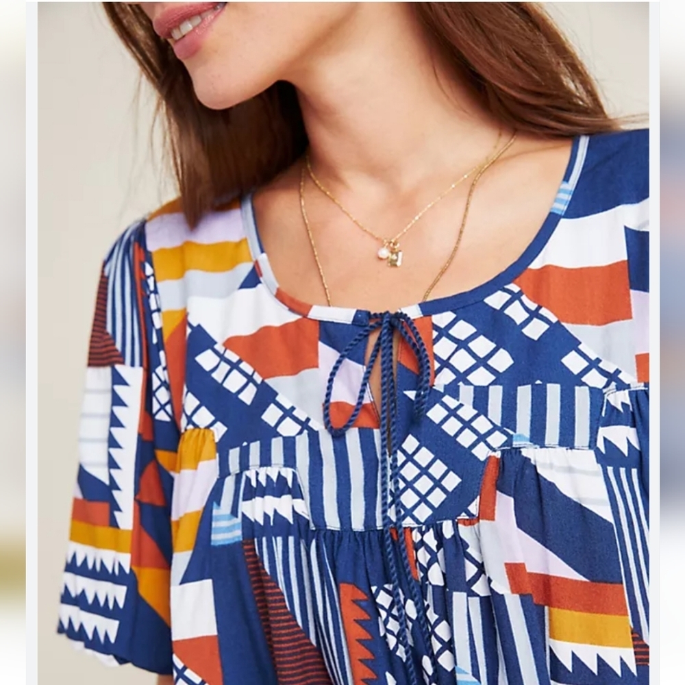 ❤️ NWOT! ANTHROPOLOGIE PORRIDGE VENTURA ABSTRACT BLUE ORANGE WHITE TOP, SMALL - Picture 4 of 11